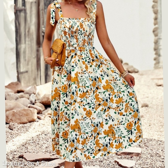 Vintage Floral Sleeveless Spaghetti-Neck Midi Dresses